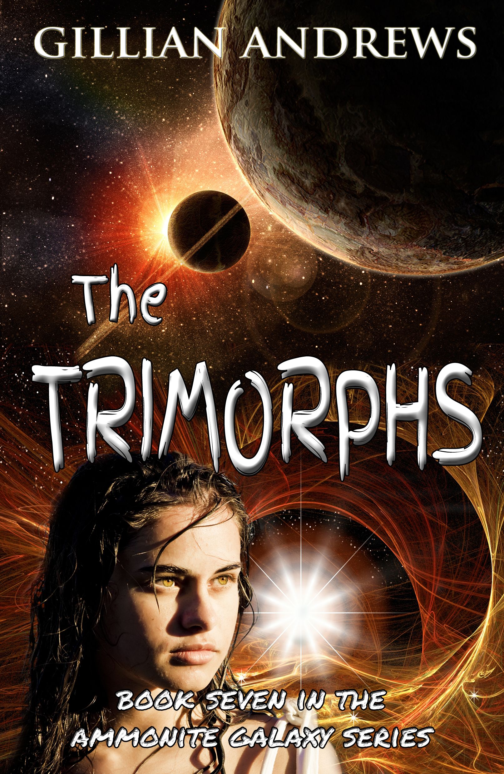 Full cover of the Trimorphs, Seventh and Last book in the Ammonite Galaxy series, featuring Raven, Temar and Ashuaia