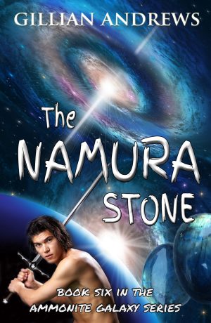 The Namura stone, bigger letter,lower down bigger stone Full cover of The Namura Stone, Sixth book in the Ammonite Galaxy series, featuring Tallen