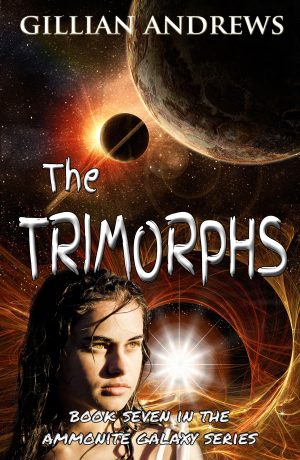 The Trimorphs 2 Full cover of the Trimorphs, Seventh and Last book in the Ammonite Galaxy series, featuring Raven, Temar and Ashuaia